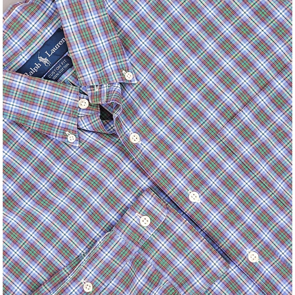 Ralph Lauren Shirt Mens XL Blue Green Redโ Plaid Custom Fit Button Down Cotton